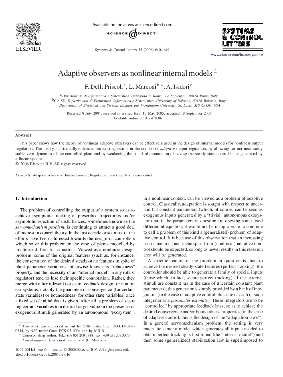 Adaptive observers as nonlinear internal models 