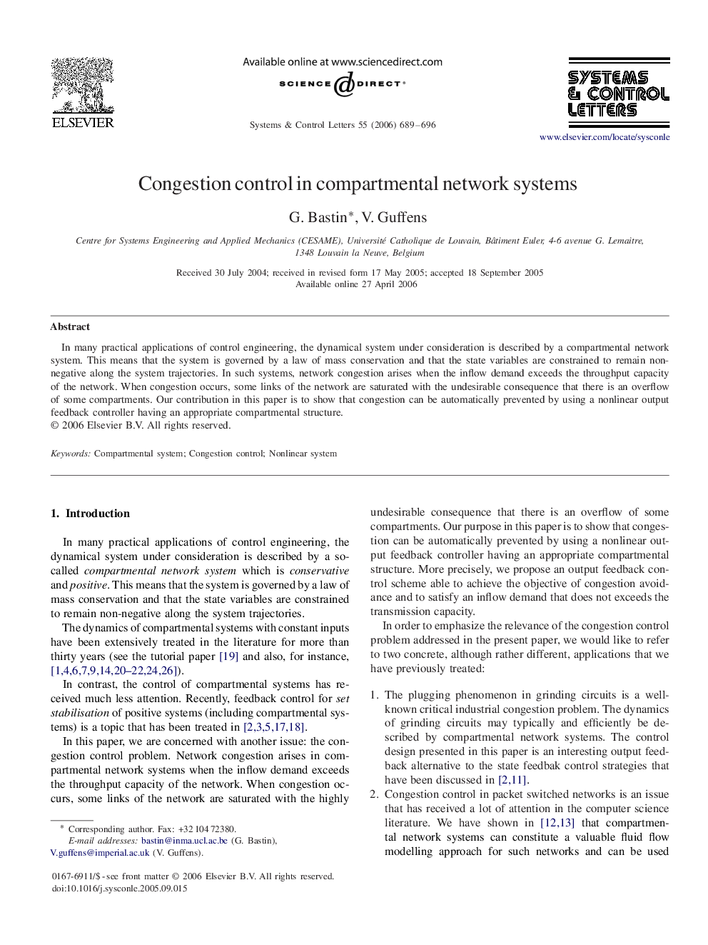 Congestion control in compartmental network systems