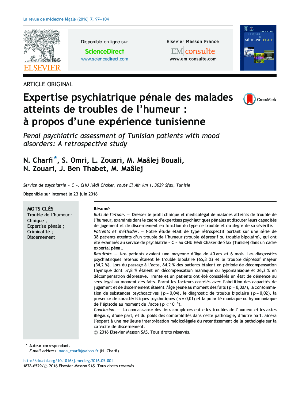 Expertise psychiatrique pénale des malades atteints de troubles de l'humeurÂ : Ã  propos d'une expérience tunisienne