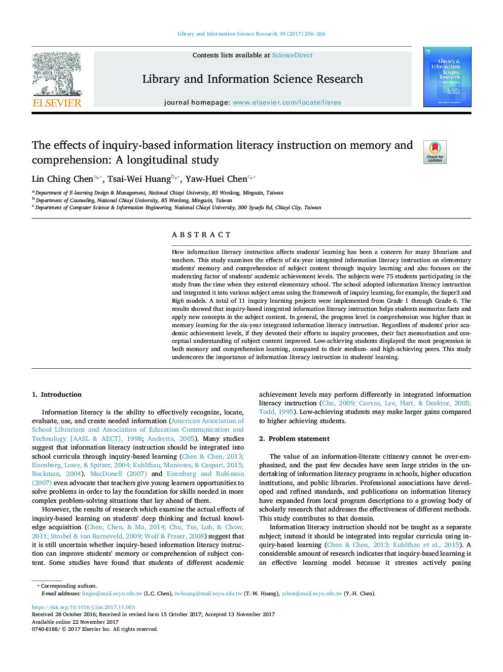 The effects of inquiry-based information literacy instruction on memory and comprehension: A longitudinal study