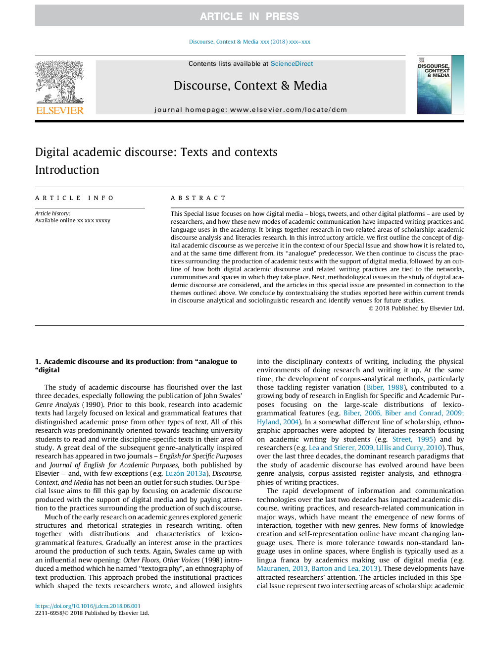 Digital academic discourse: Texts and contexts