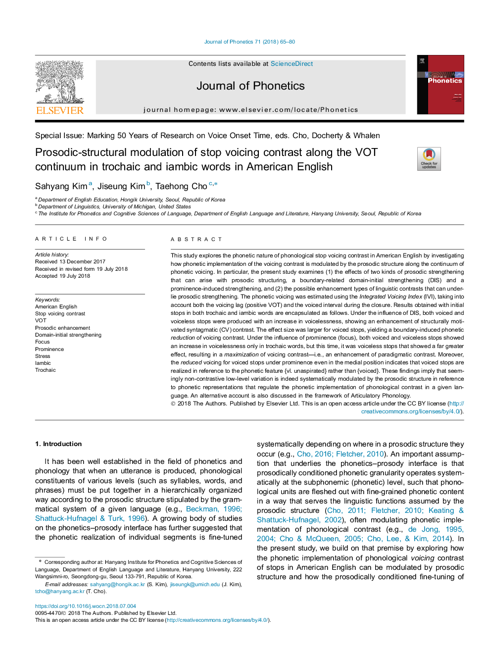 Prosodic-structural modulation of stop voicing contrast along the VOT continuum in trochaic and iambic words in American English