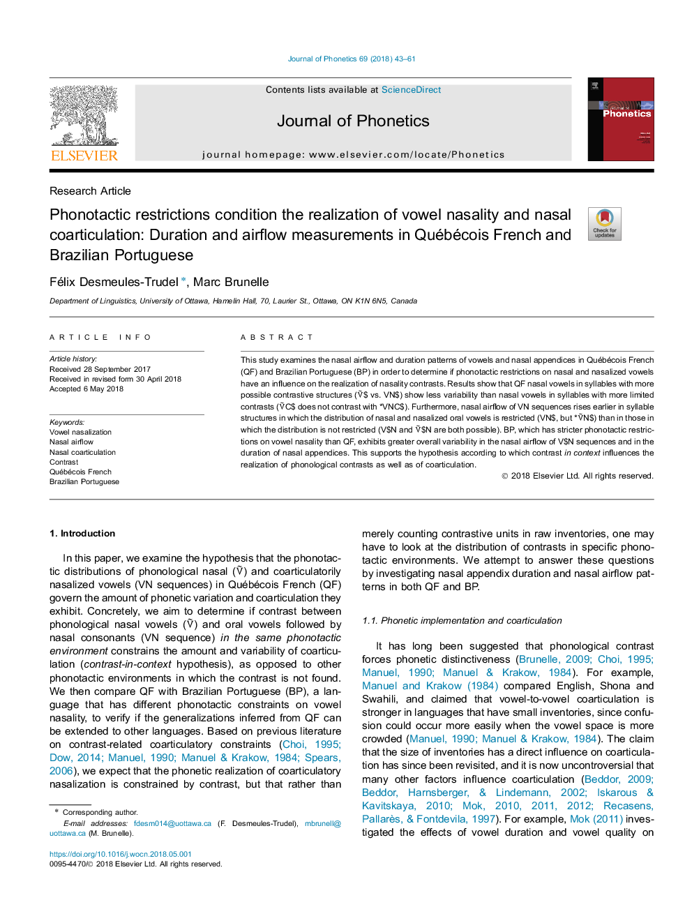 Phonotactic restrictions condition the realization of vowel nasality and nasal coarticulation: Duration and airflow measurements in Québécois French and Brazilian Portuguese