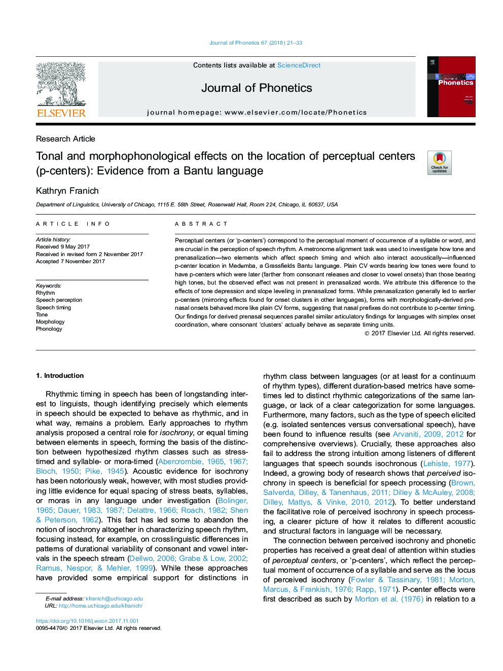 Tonal and morphophonological effects on the location of perceptual centers (p-centers): Evidence from a Bantu language