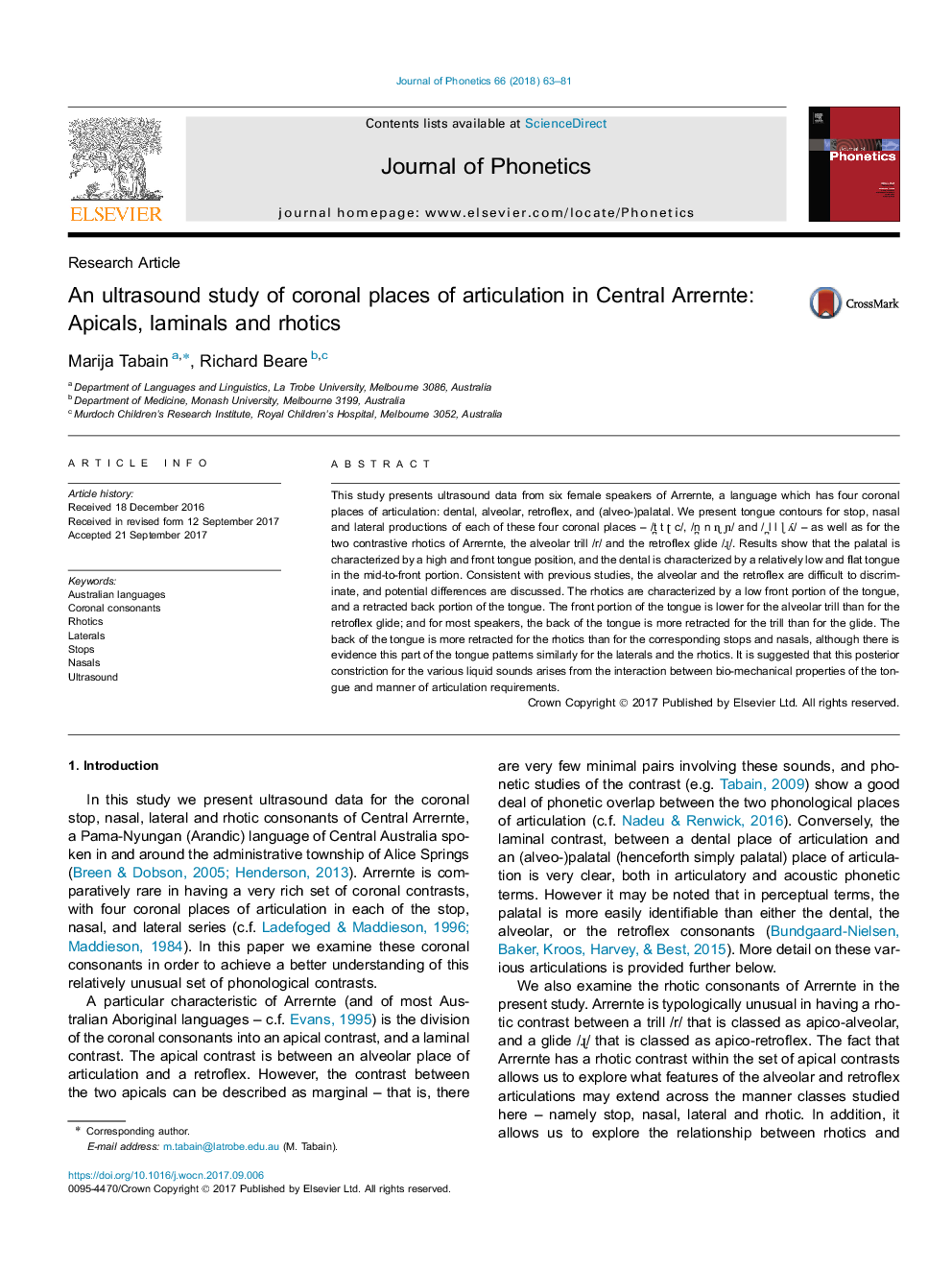 An ultrasound study of coronal places of articulation in Central Arrernte: Apicals, laminals and rhotics