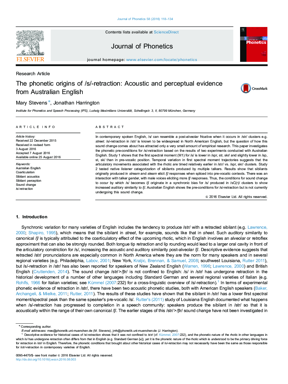 The phonetic origins of /s/-retraction: Acoustic and perceptual evidence from Australian English