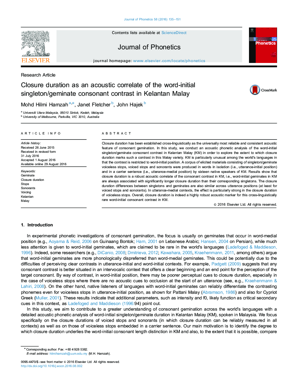 Closure duration as an acoustic correlate of the word-initial singleton/geminate consonant contrast in Kelantan Malay