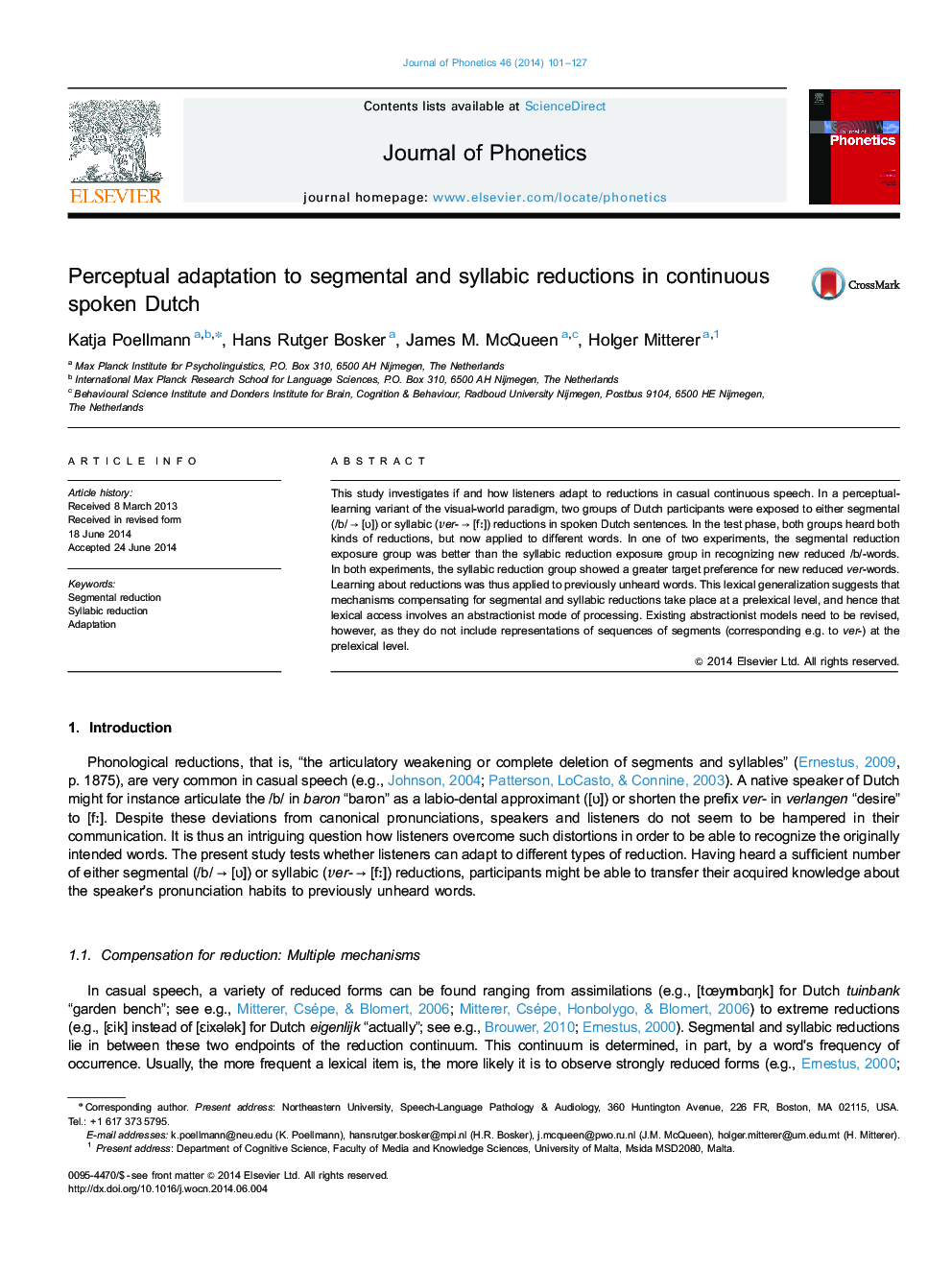 Perceptual adaptation to segmental and syllabic reductions in continuous spoken Dutch