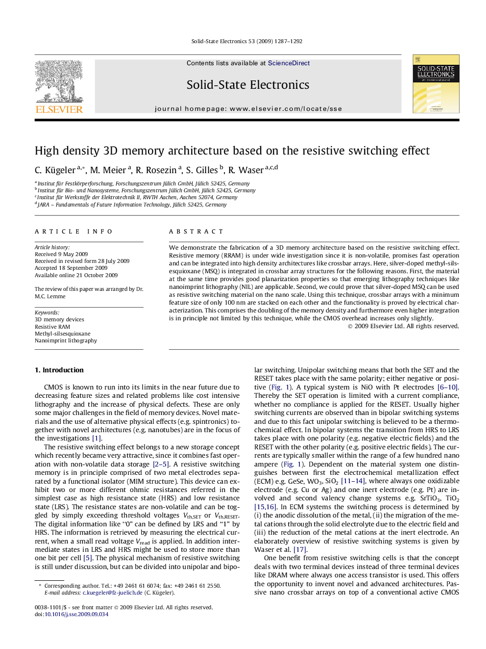 عکس صفحه اول مقاله: High density 3D memory architecture based on the resistive switching effect High density 3D memory architecture based on the resistive switching effect