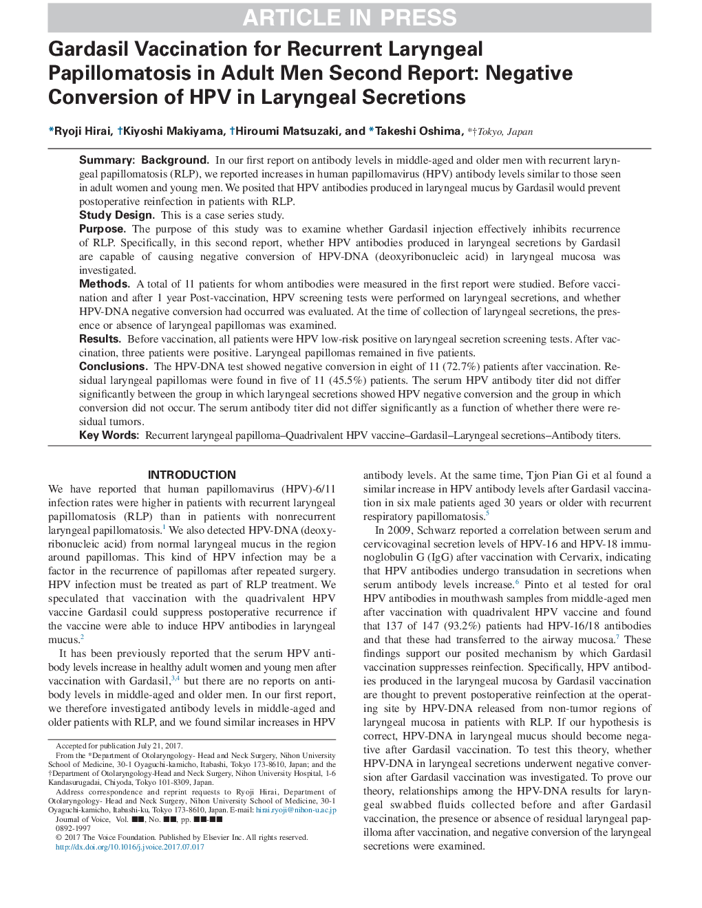 Gardasil Vaccination for Recurrent Laryngeal Papillomatosis in Adult Men Second Report: Negative Conversion of HPV in Laryngeal Secretions