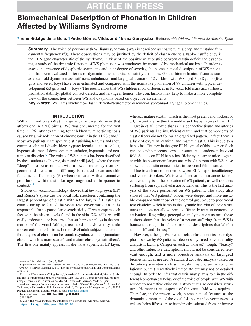 Biomechanical Description of Phonation in Children Affected by Williams Syndrome