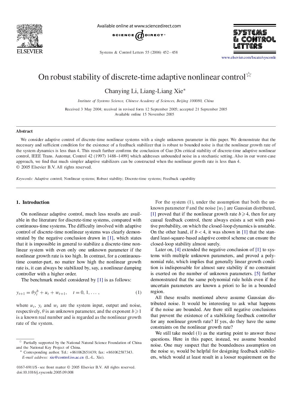 On robust stability of discrete-time adaptive nonlinear control 