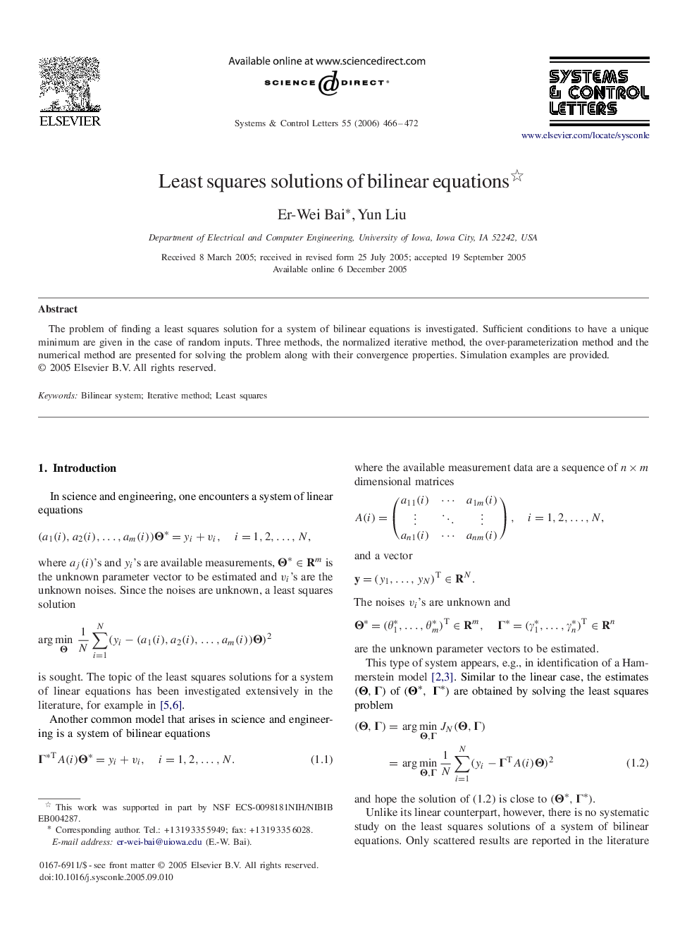 Least squares solutions of bilinear equations 