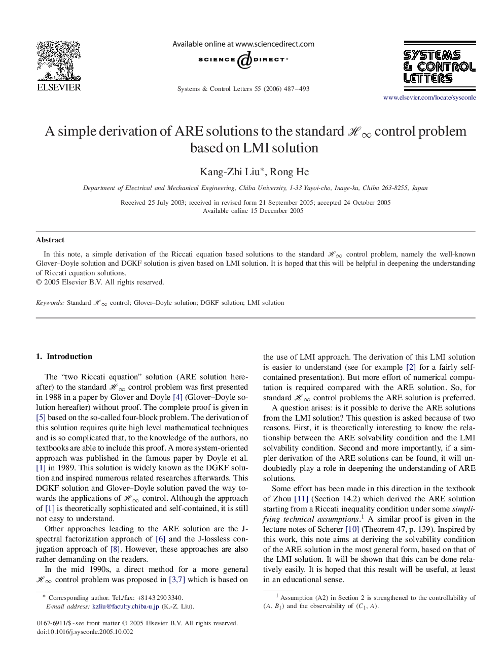 A simple derivation of ARE solutions to the standard H∞H∞ control problem based on LMI solution