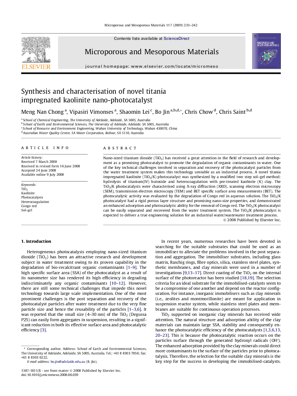 Synthesis and characterisation of novel titania impregnated kaolinite nano-photocatalyst