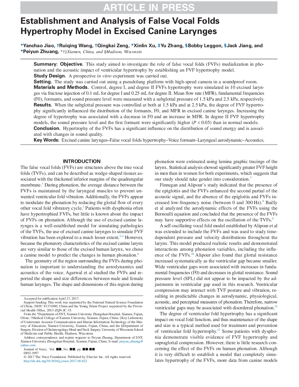 Establishment and Analysis of False Vocal Folds Hypertrophy Model in Excised Canine Larynges