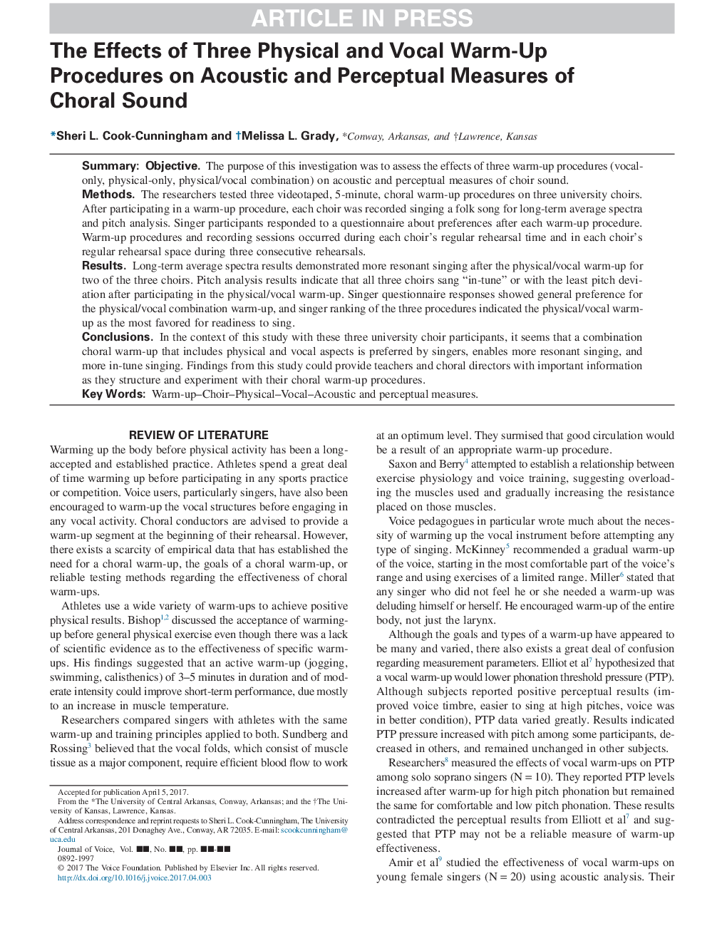 The Effects of Three Physical and Vocal Warm-Up Procedures on Acoustic and Perceptual Measures of Choral Sound