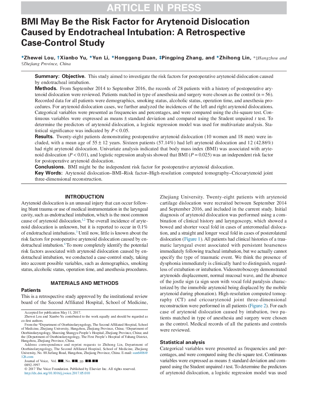 BMI May Be the Risk Factor for Arytenoid Dislocation Caused by Endotracheal Intubation: A Retrospective Case-Control Study