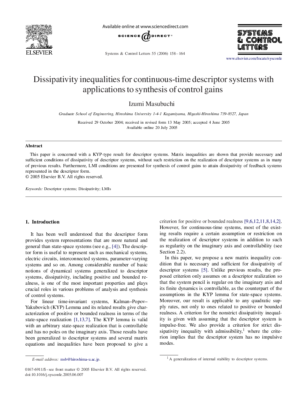 Dissipativity inequalities for continuous-time descriptor systems with applications to synthesis of control gains