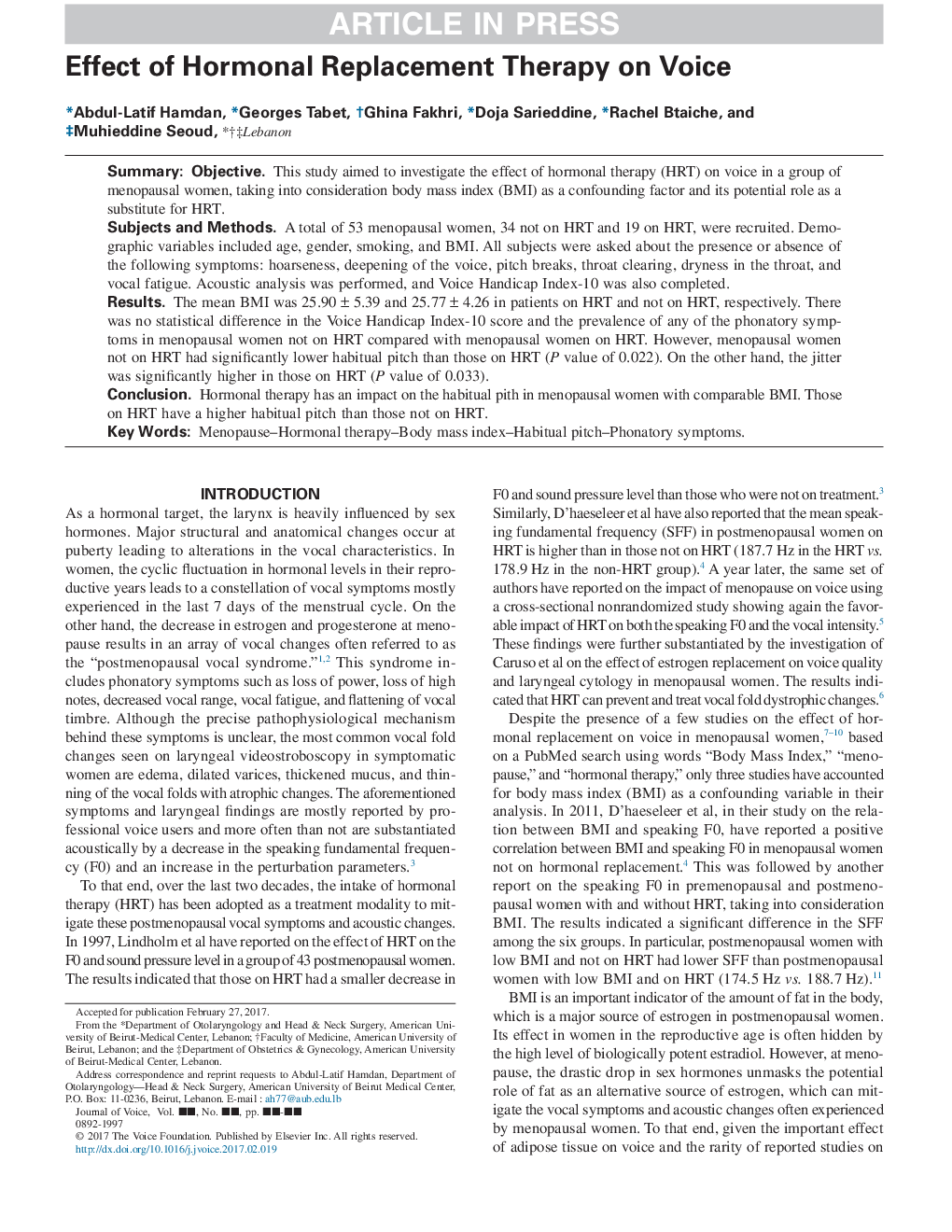 Effect of Hormonal Replacement Therapy on Voice