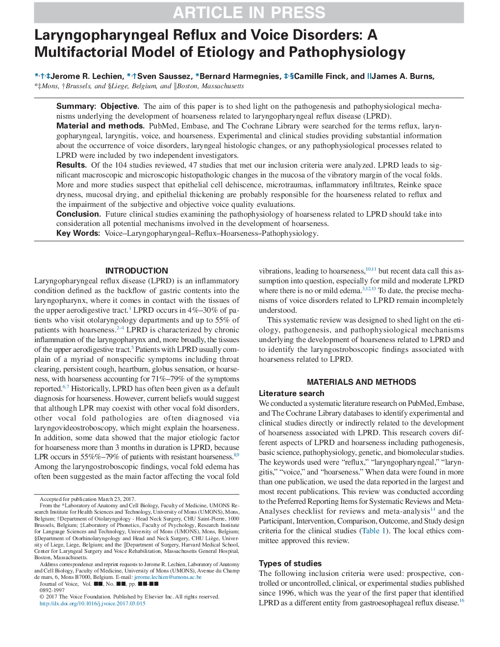 ریفلاکس لارنگوفارنکس و اختلالات صوتی: یک مدل چندوجهی از علل اتولوژی و پاتوفیزیولوژی 