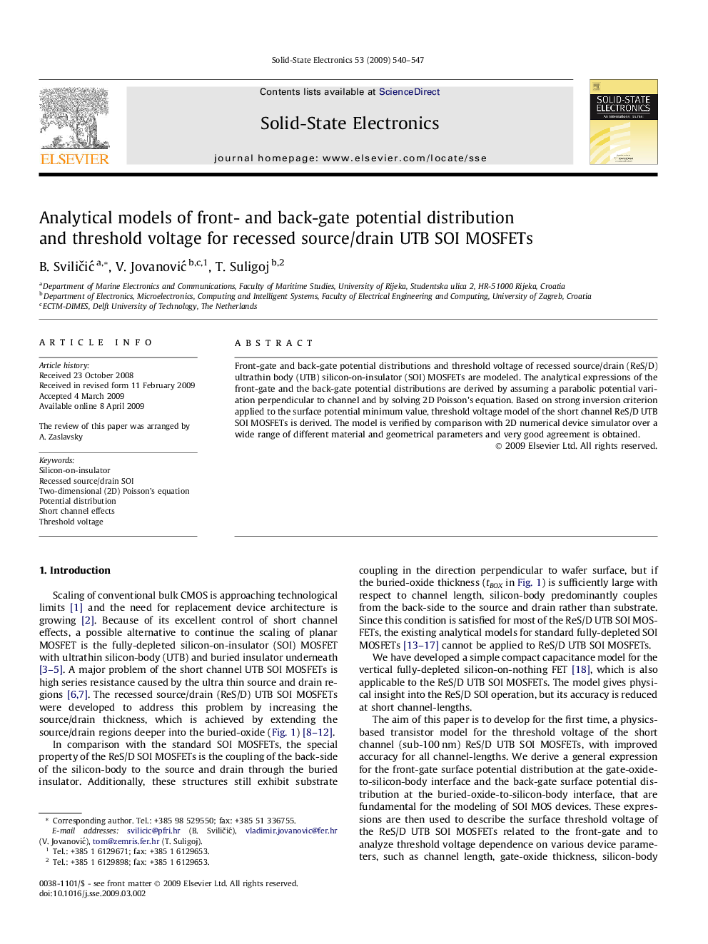 Analytical models of front- and back-gate potential distribution and threshold voltage for recessed source/drain UTB SOI MOSFETs