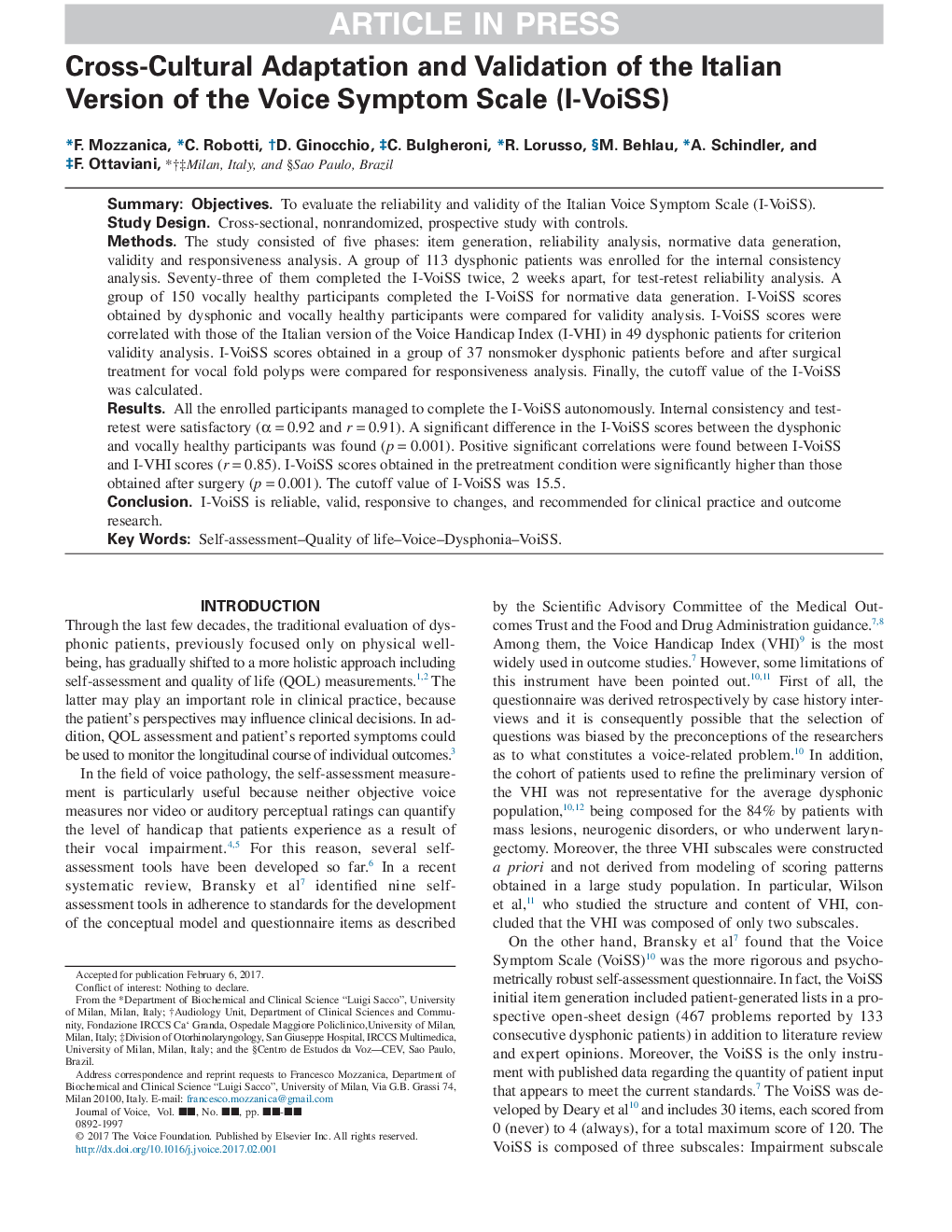 Cross-Cultural Adaptation and Validation of the Italian Version of the Voice Symptom Scale (I-VoiSS)