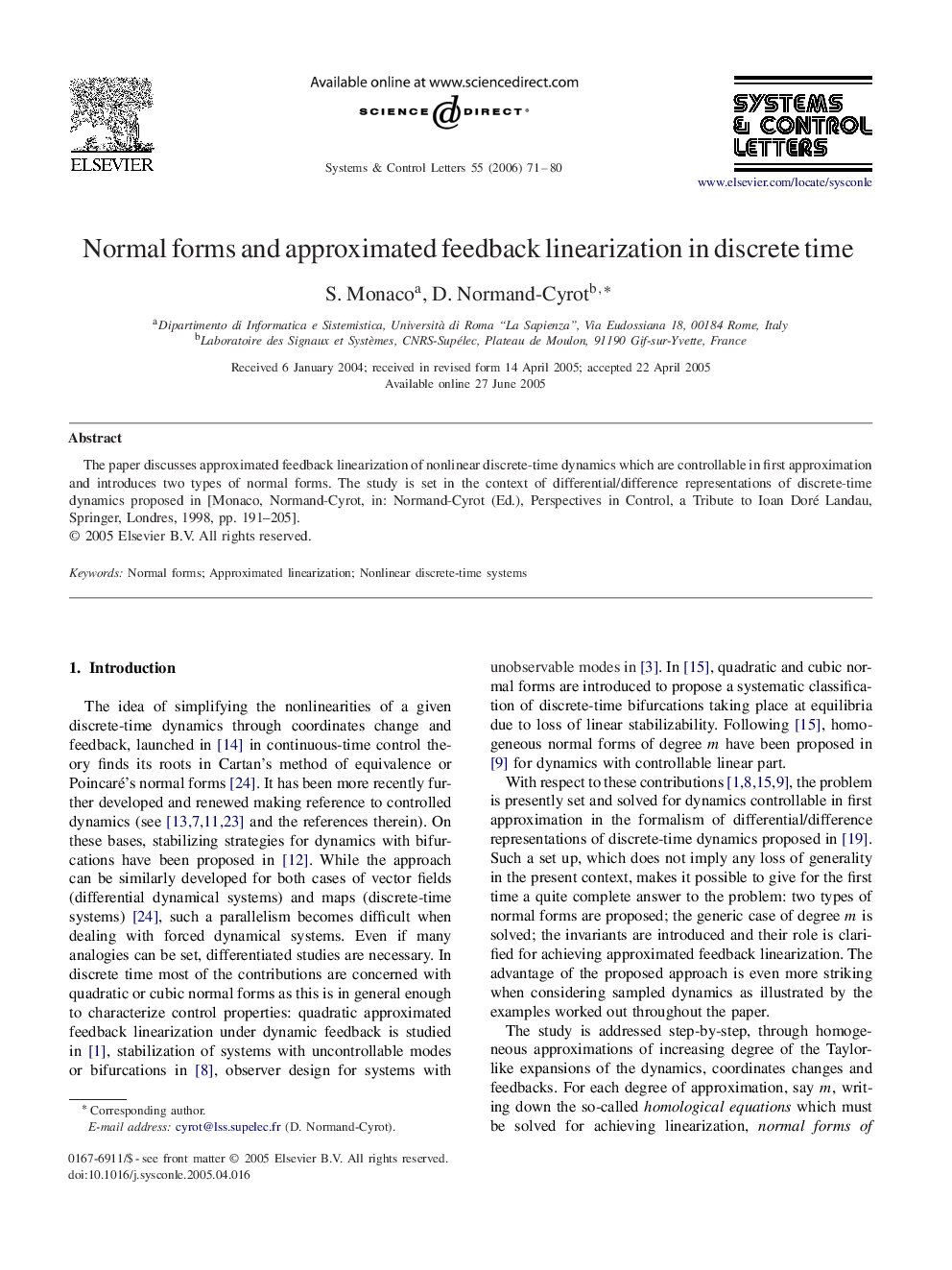 Normal forms and approximated feedback linearization in discrete time