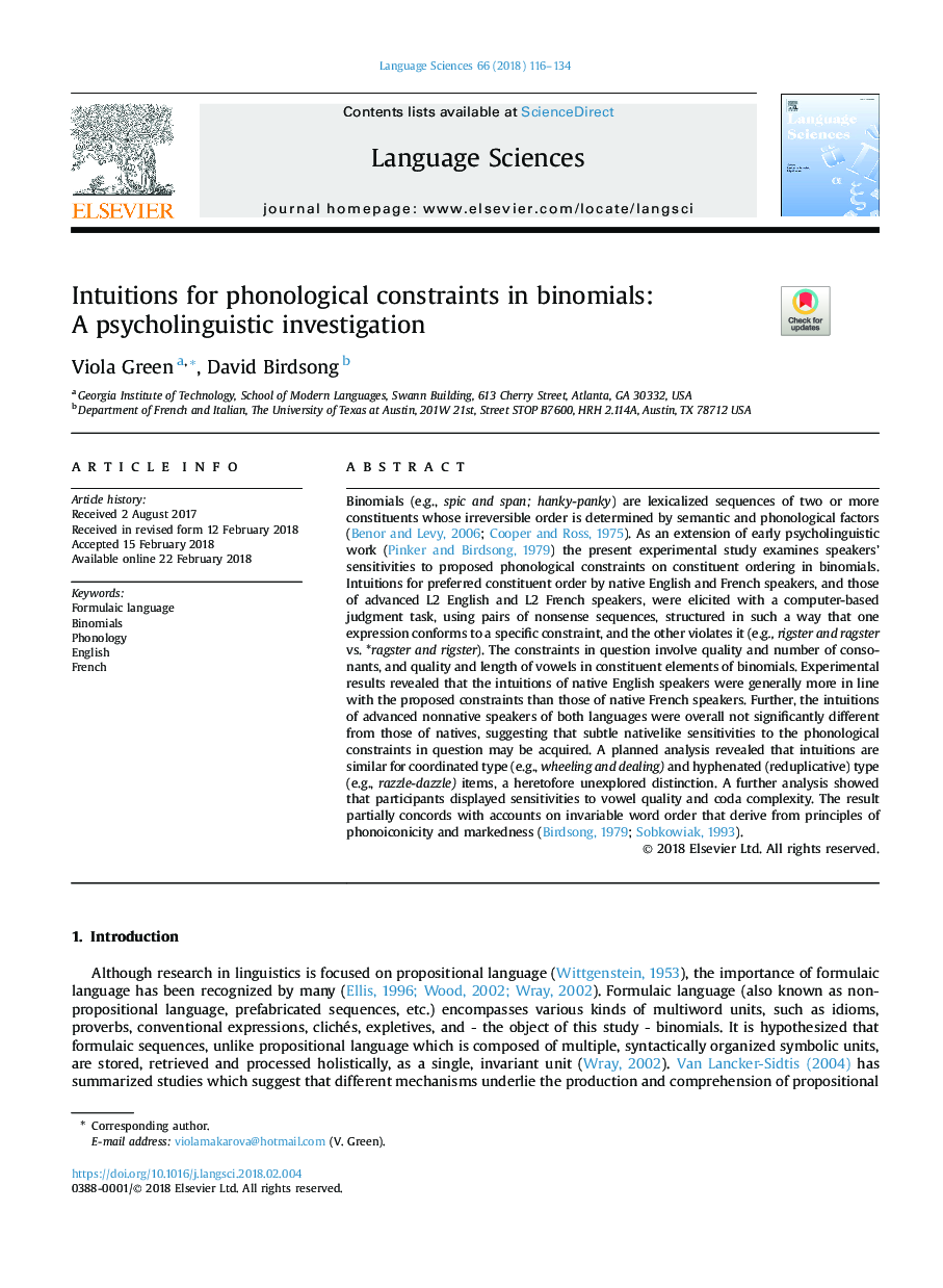 Intuitions for phonological constraints in binomials: AÂ psycholinguistic investigation