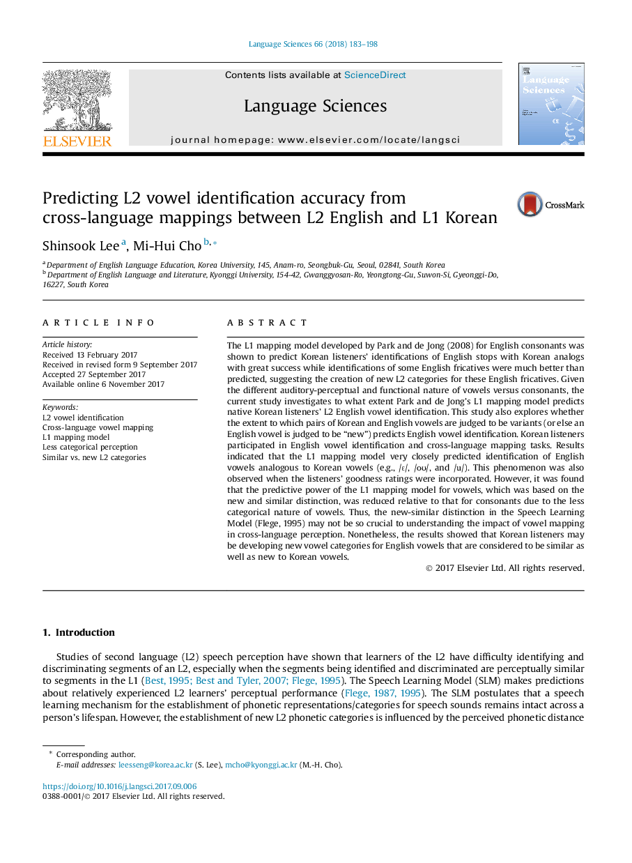 عکس صفحه اول مقاله: Predicting L2 vowel identification accuracy from cross-language mappings between L2 English and L1 Korean Predicting L2 vowel identification accuracy from cross-language mappings between L2 English and L1 Korean