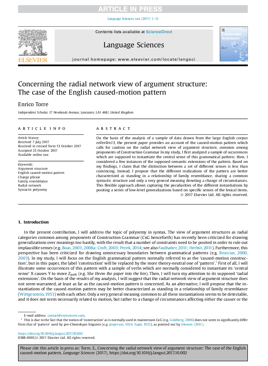 Concerning the radial network view of argument structure: The case of the English caused-motion pattern