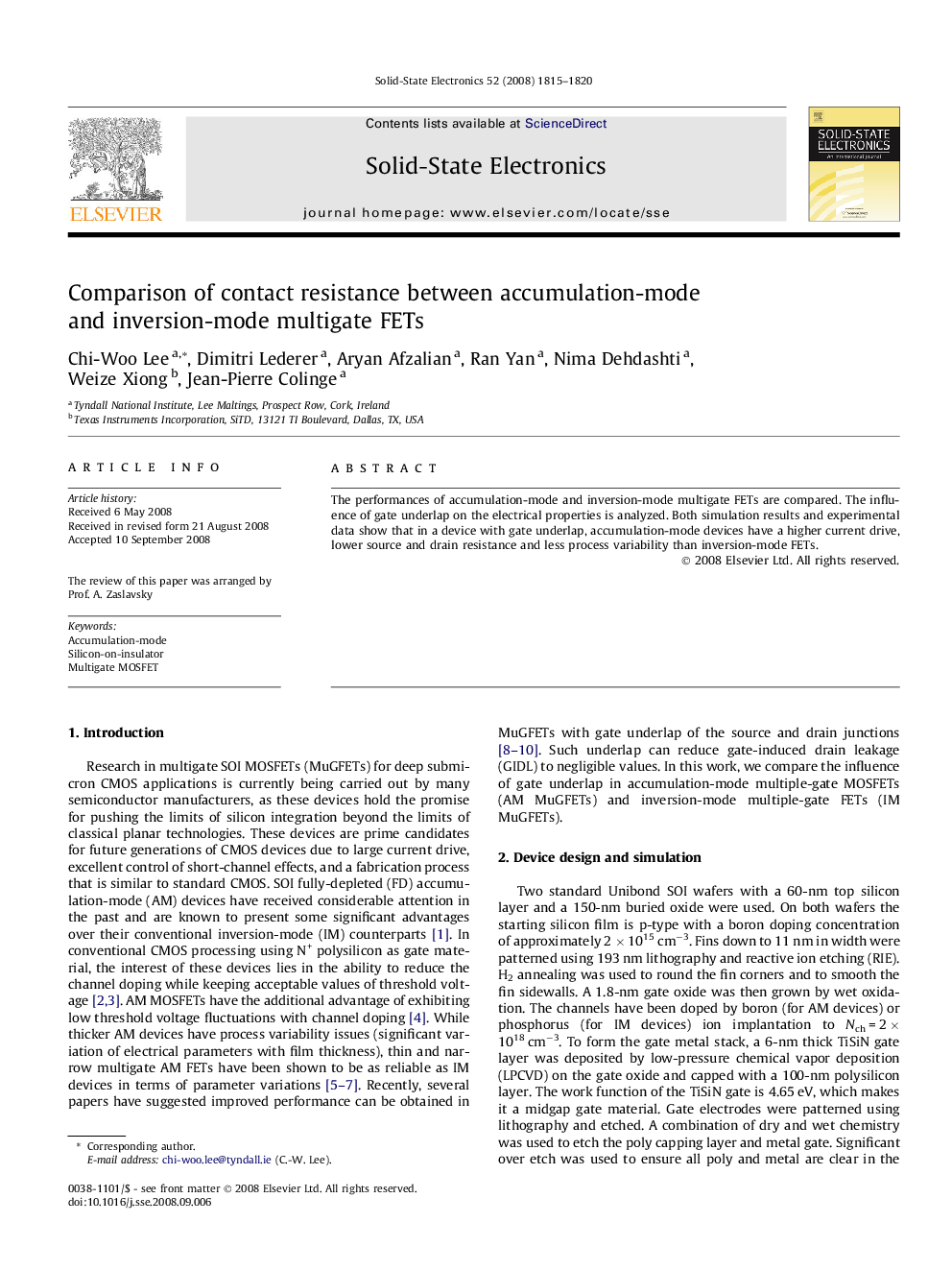 Comparison of contact resistance between accumulation-mode and inversion-mode multigate FETs