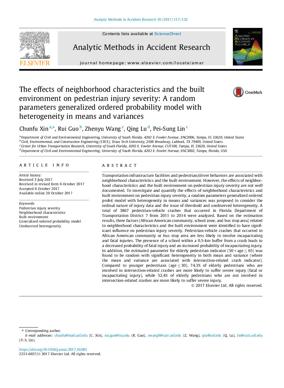 The effects of neighborhood characteristics and the built environment on pedestrian injury severity: A random parameters generalized ordered probability model with heterogeneity in means and variances