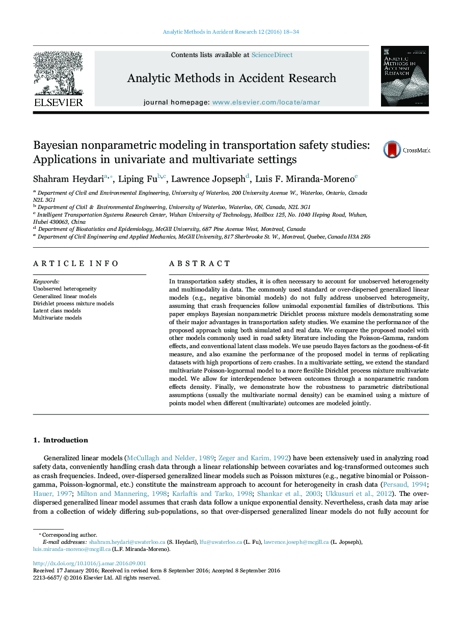 مدل سازی غیر پارامتری بیزی در مطالعات ایمنی حمل و نقل: کاربرد در تنظیمات یکسان و چند متغیره 