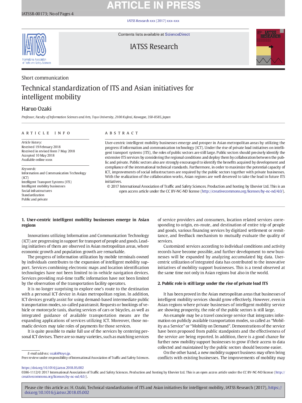 Technical standardization of ITS and Asian initiatives for intelligent mobility