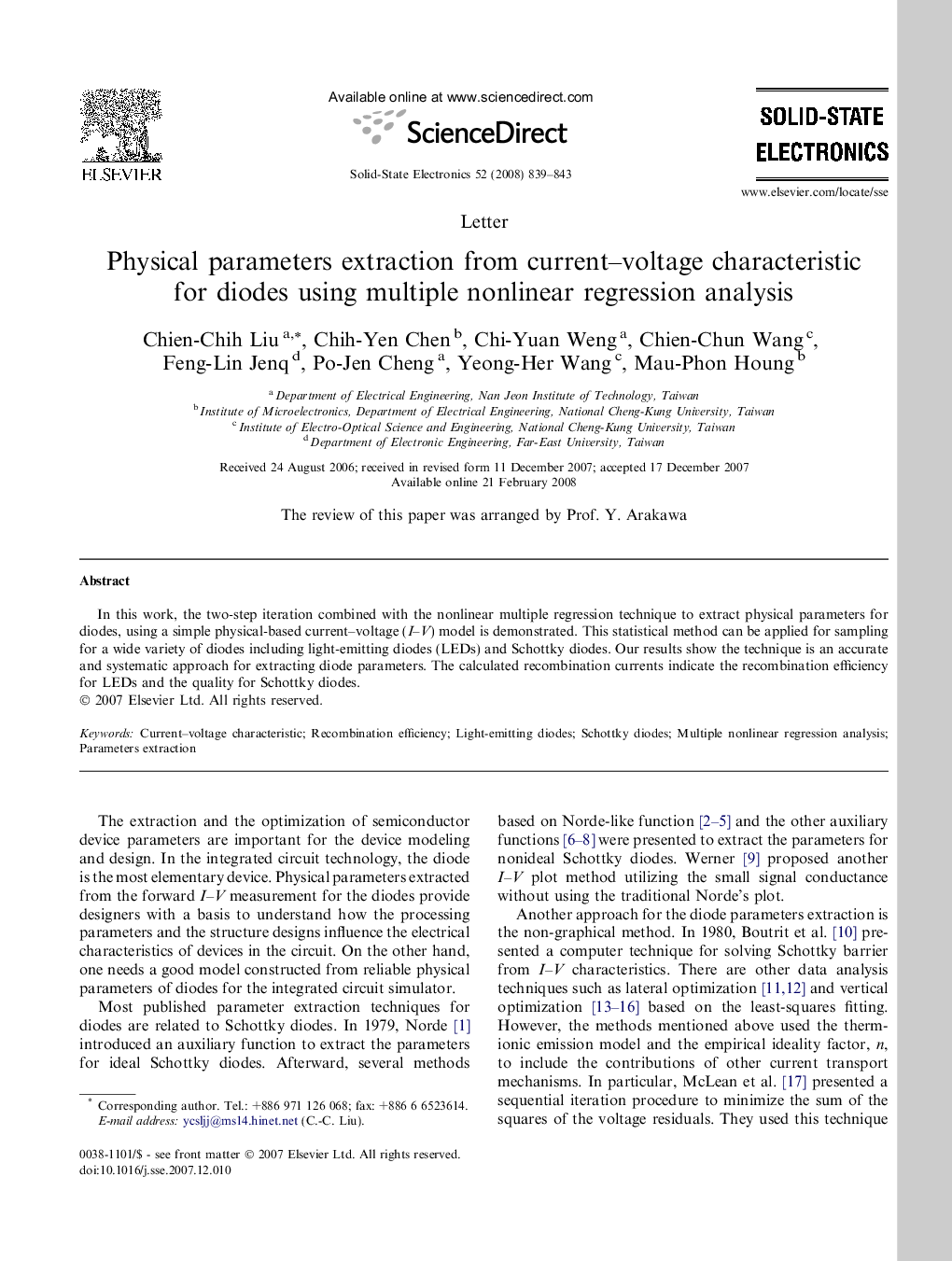 Physical parameters extraction from current–voltage characteristic for diodes using multiple nonlinear regression analysis