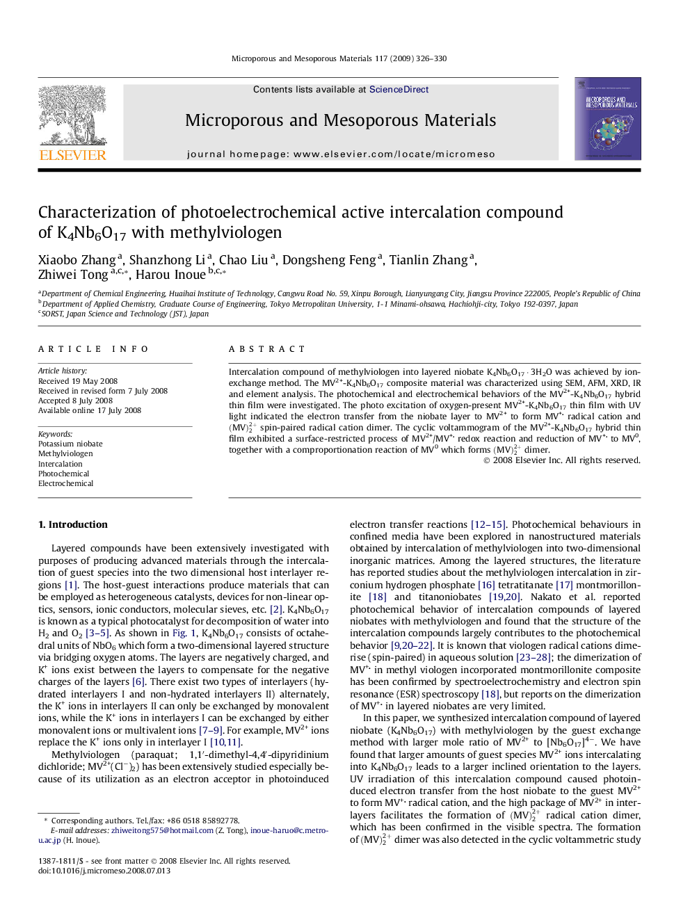 Characterization of photoelectrochemical active intercalation compound of K4Nb6O17 with methylviologen