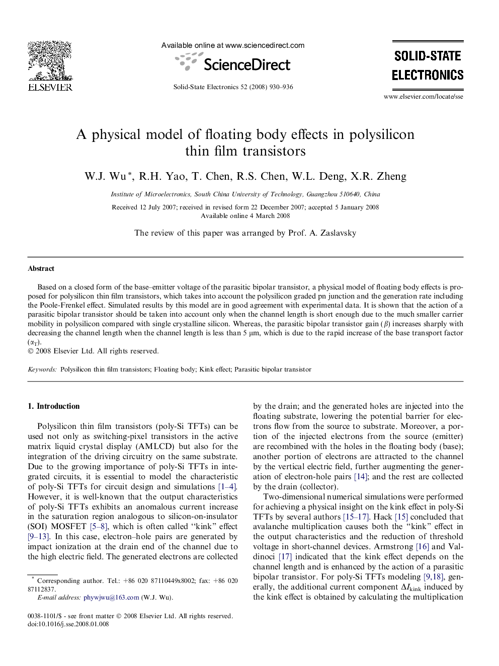 A physical model of floating body effects in polysilicon thin film transistors