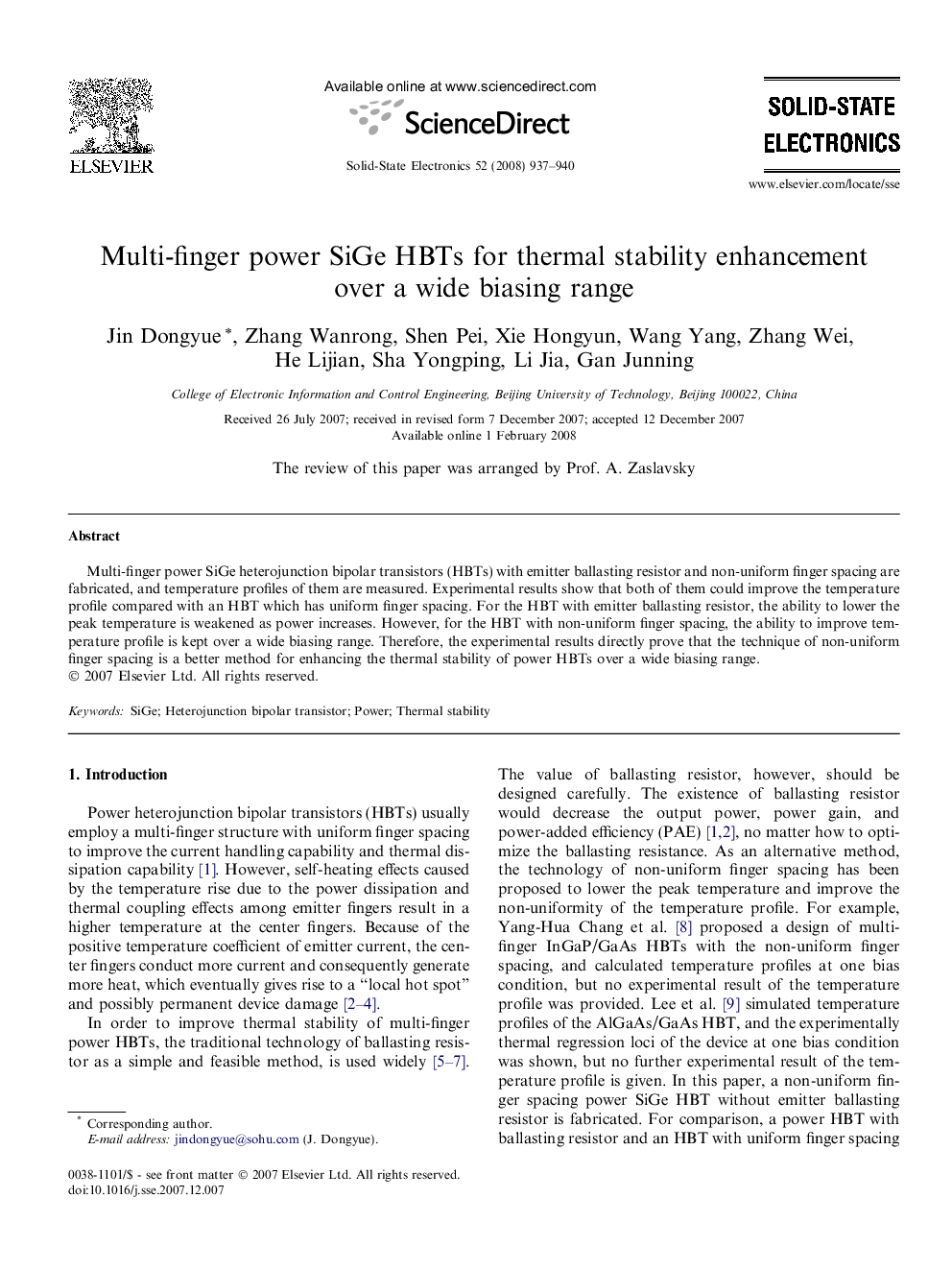 Multi-finger power SiGe HBTs for thermal stability enhancement over a wide biasing range