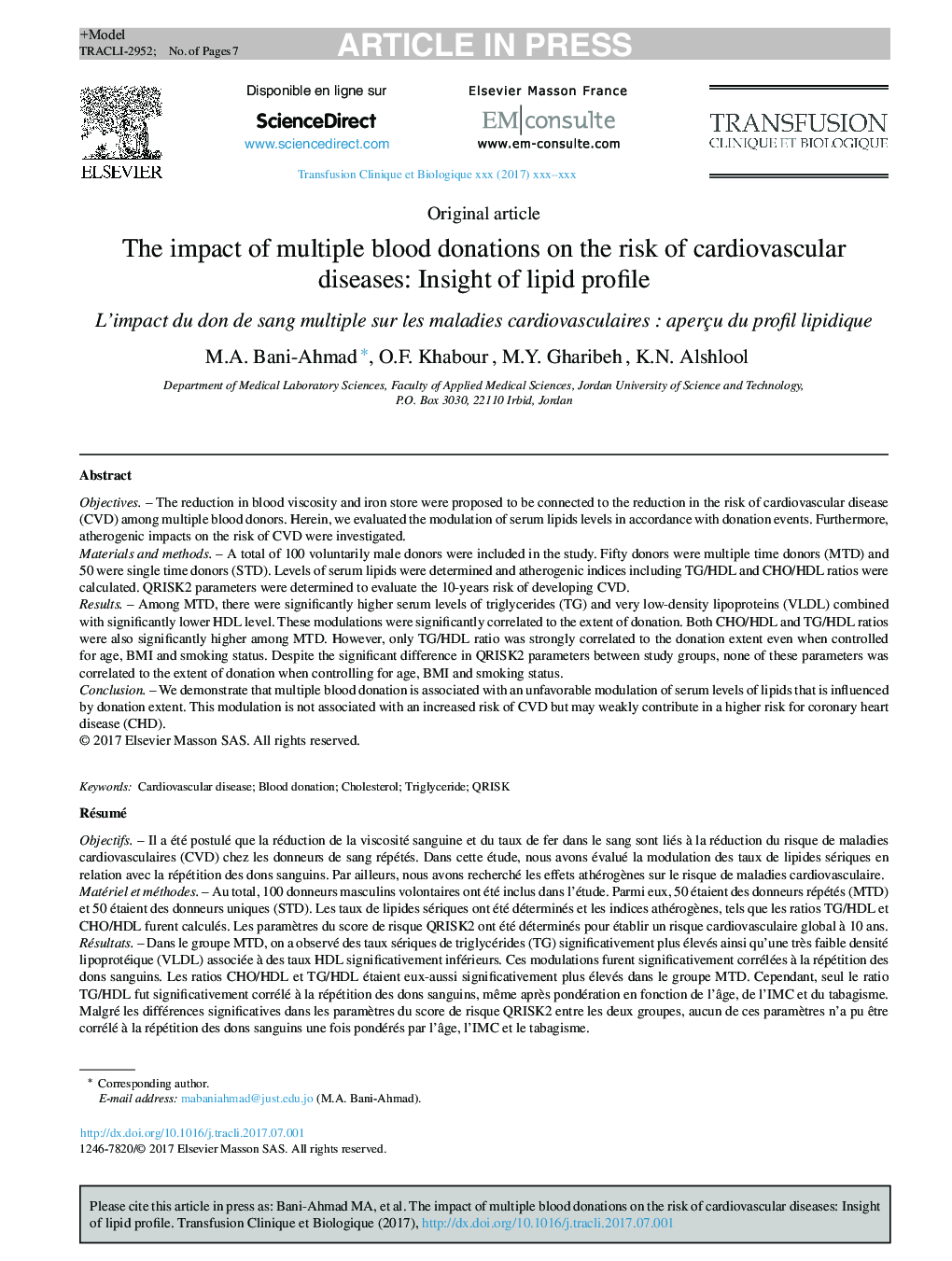 The impact of multiple blood donations on the risk of cardiovascular diseases: Insight of lipid profile