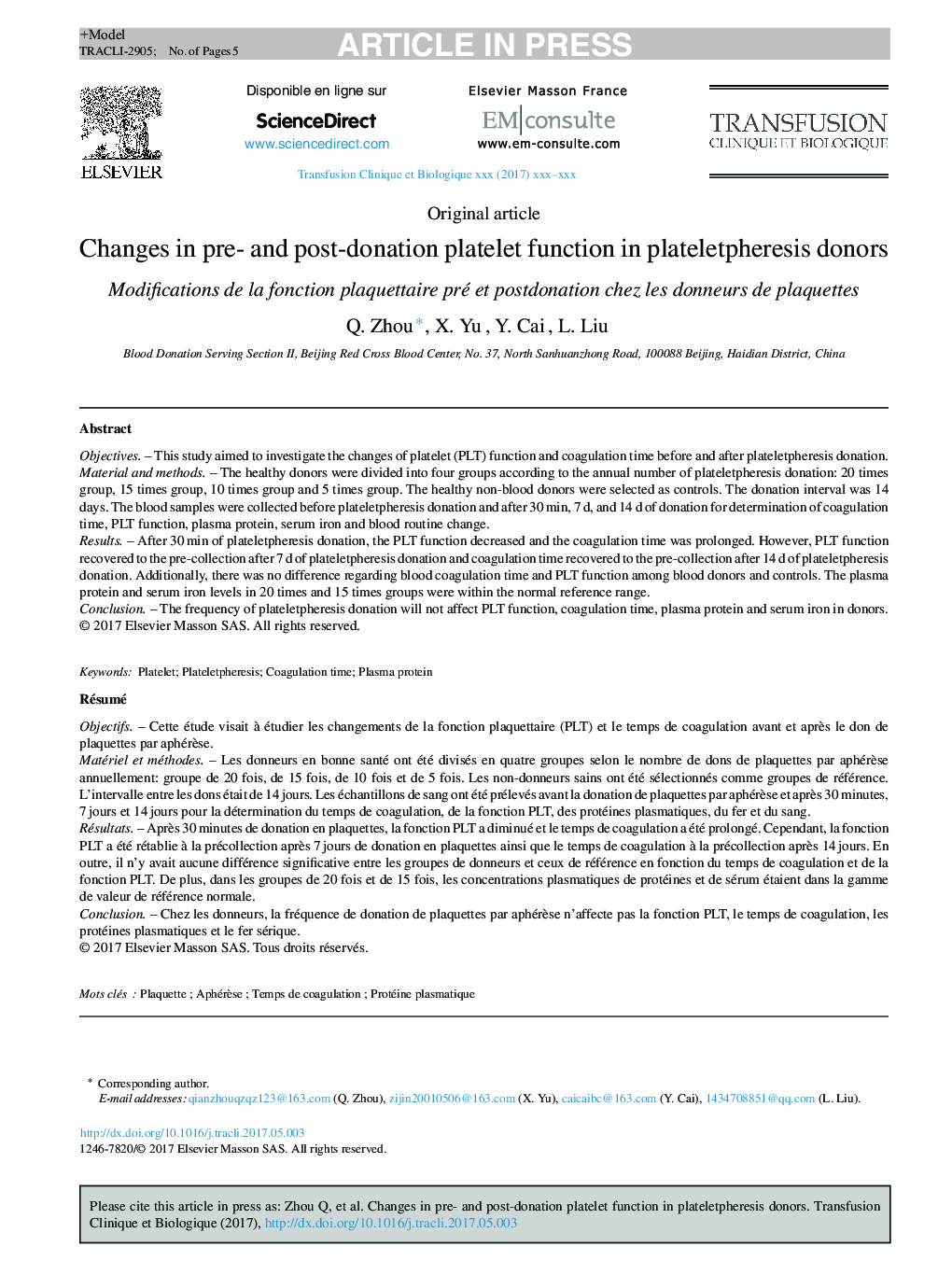 Changes in pre- and post-donation platelet function in plateletpheresis donors