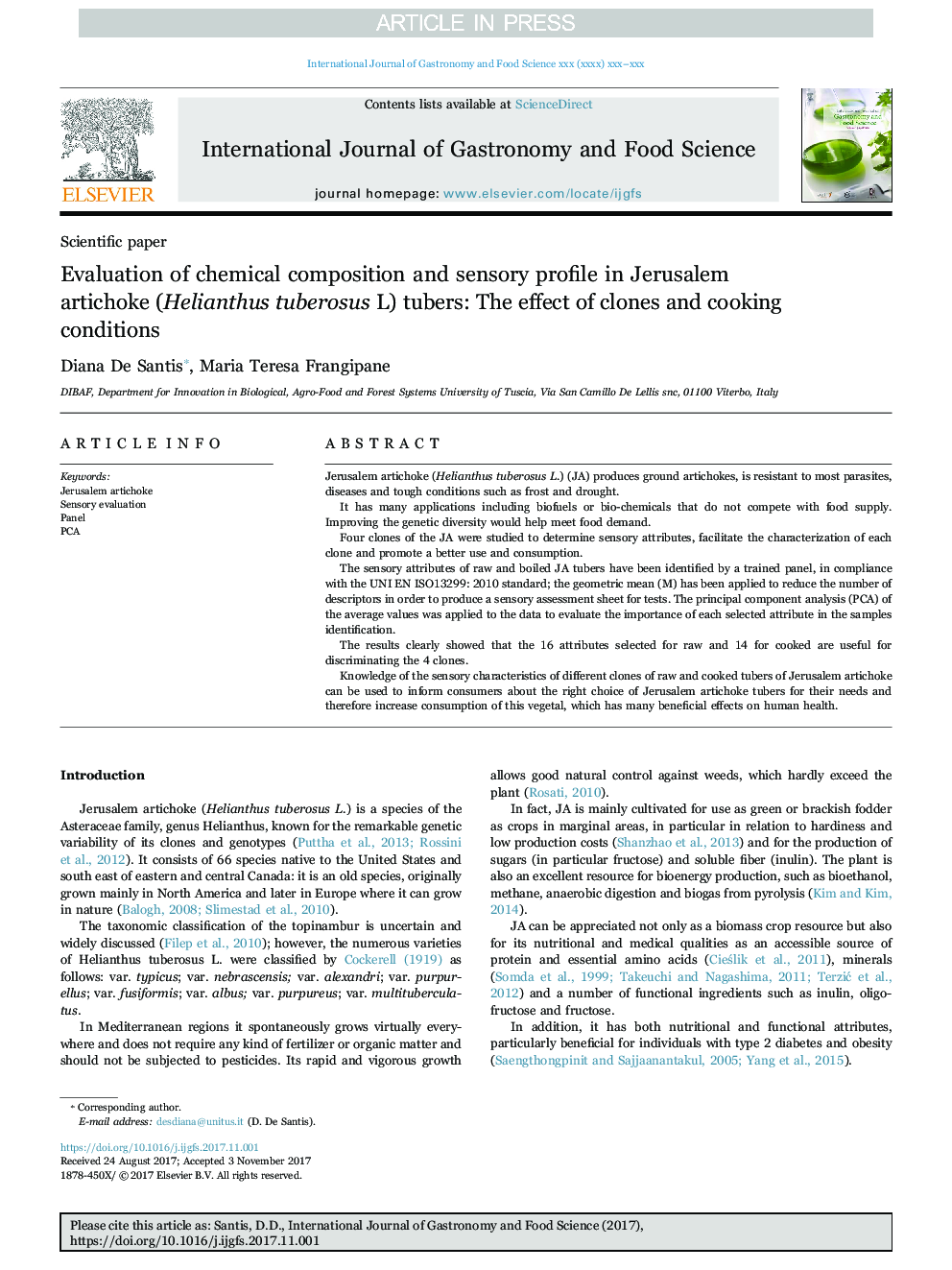 Evaluation of chemical composition and sensory profile in Jerusalem artichoke (Helianthus tuberosus L) tubers: The effect of clones and cooking conditions