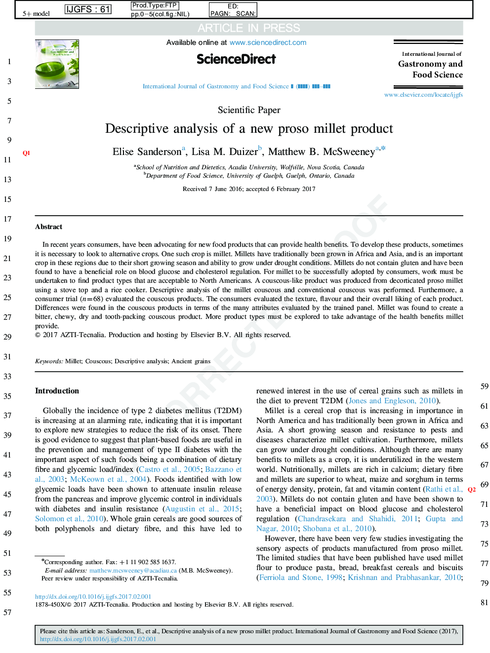 Descriptive analysis of a new proso millet product