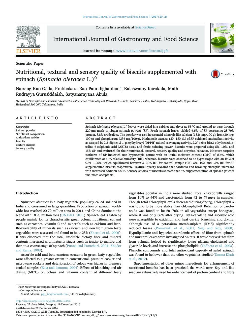 Nutritional, textural and sensory quality of biscuits supplemented with spinach (Spinacia oleracea L.)