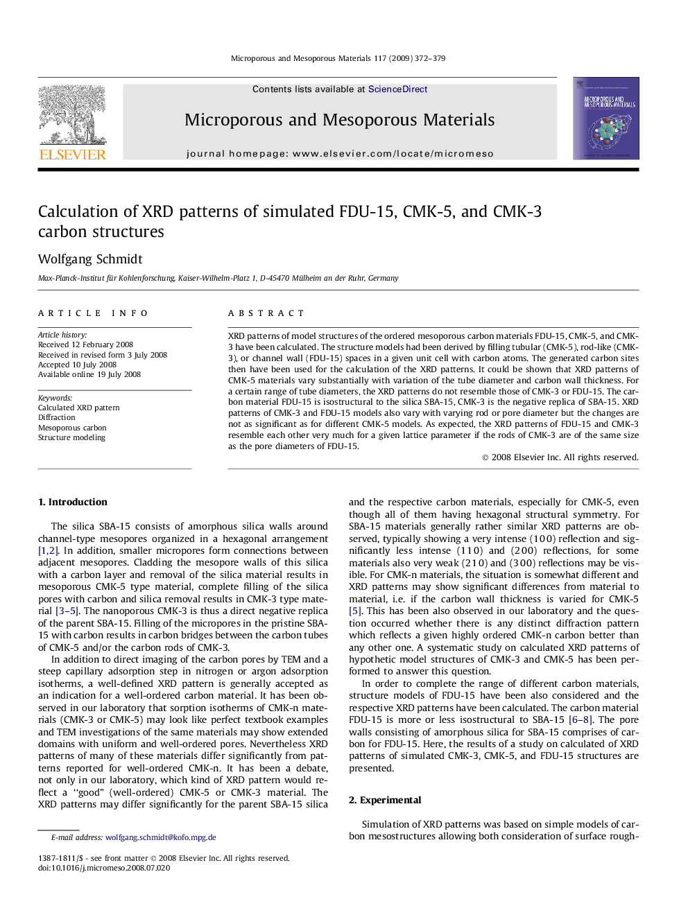 عکس صفحه اول مقاله: Calculation of XRD patterns of simulated FDU-15, CMK-5, and CMK-3 carbon structures Calculation of XRD patterns of simulated FDU-15, CMK-5, and CMK-3 carbon structures