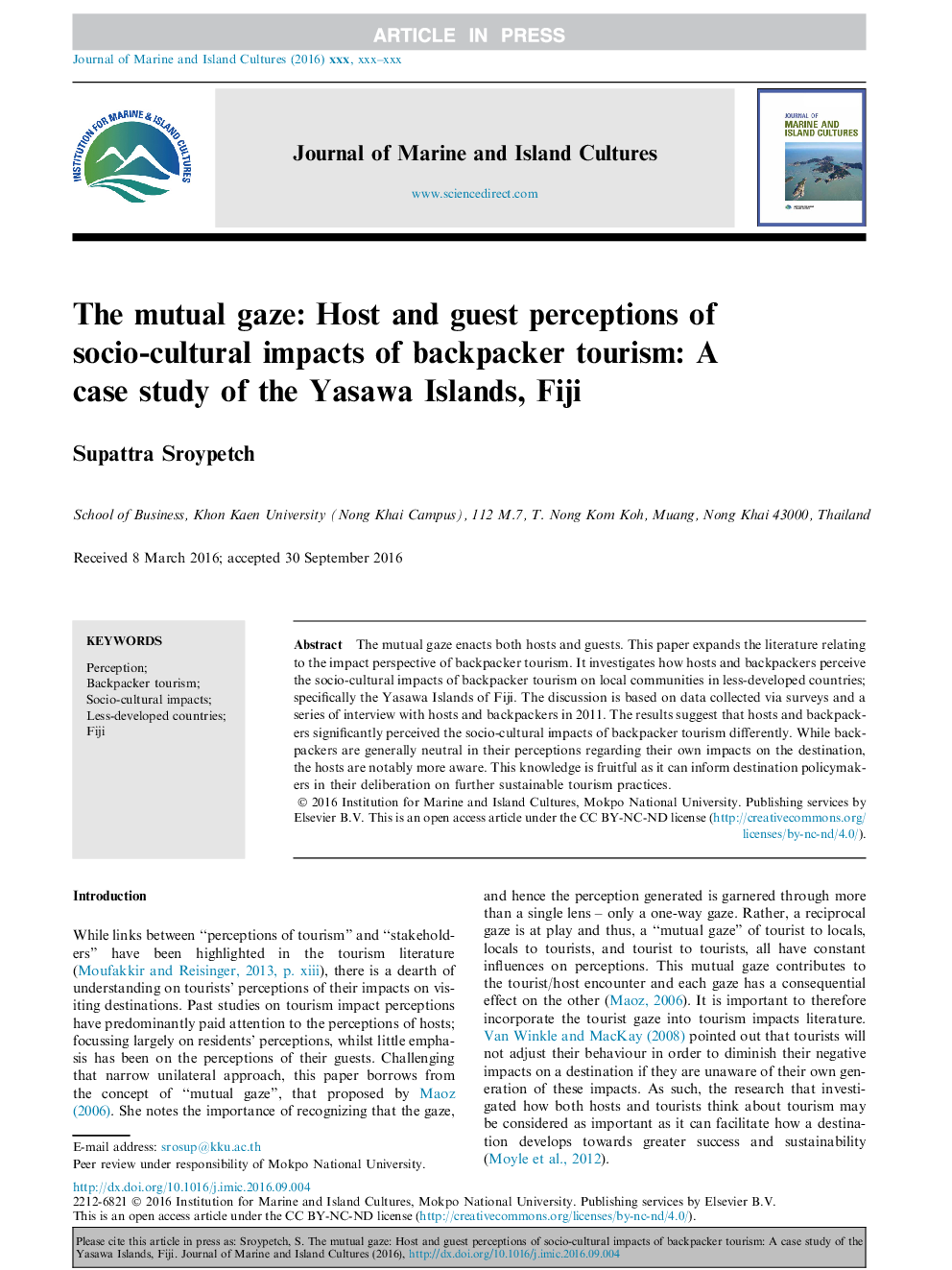 The mutual gaze: Host and guest perceptions of socio-cultural impacts of backpacker tourism: A case study of the Yasawa Islands, Fiji