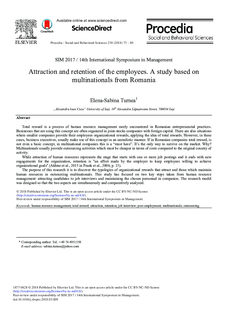 Attraction and Retention of the Employees. A Study based on Multinationals from Romania