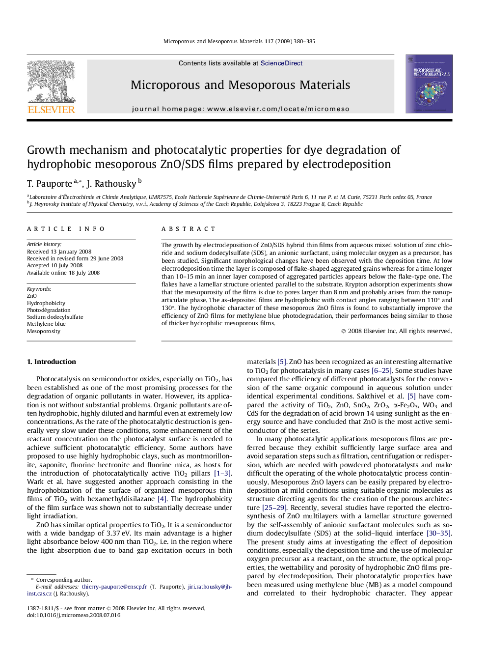 Growth mechanism and photocatalytic properties for dye degradation of hydrophobic mesoporous ZnO/SDS films prepared by electrodeposition