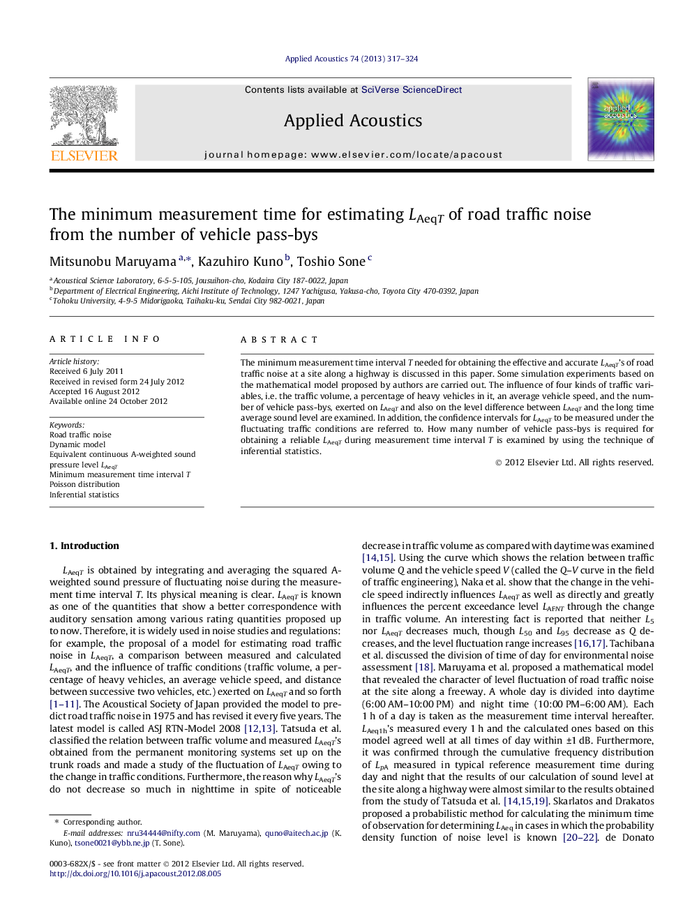 The minimum measurement time for estimating LAeqT of road traffic noise from the number of vehicle pass-bys