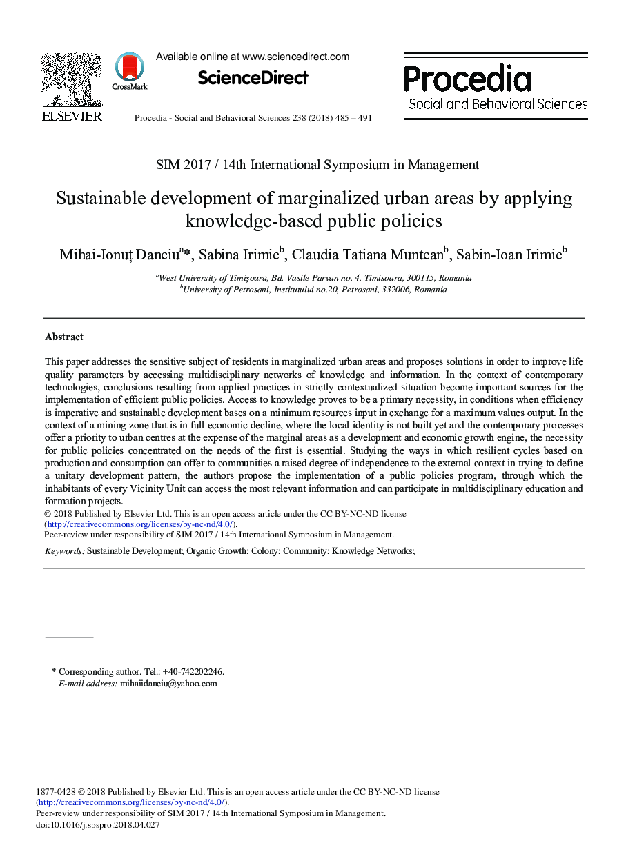 Sustainable Development of Marginalized Urban Areas by Applying Knowledge-based Public Policies